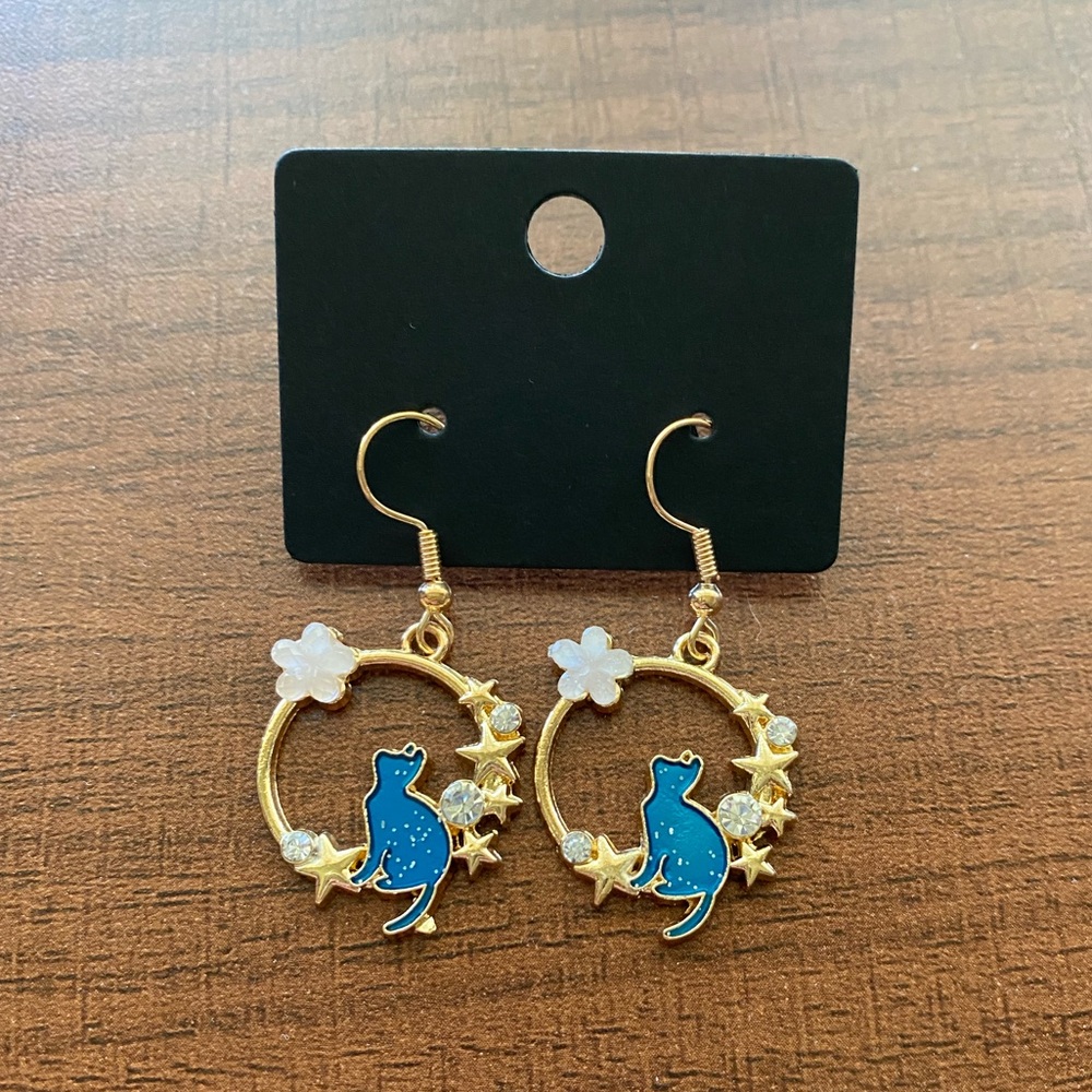 Blue and gold cat earrings